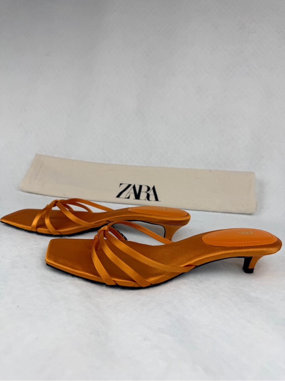ZARA Orange Satin Strappy Kitten Heel Mules Size 7.5. Brand New